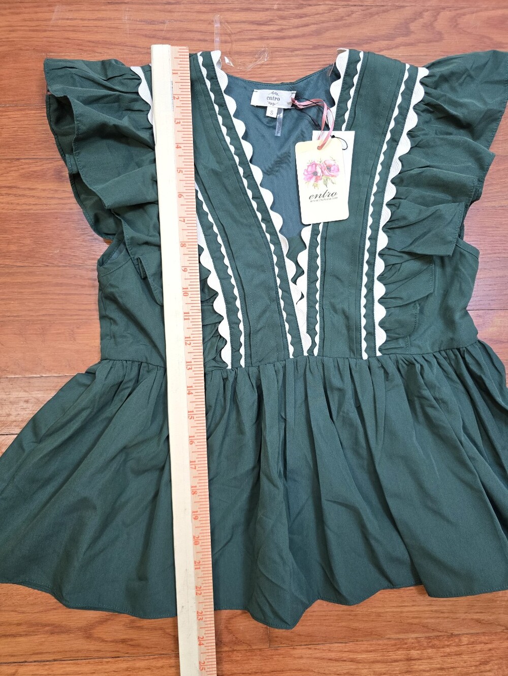 Entro Green Ric Rac Ruffle V Neck Babydoll Blouse Top Sz.S Pemplum Cottagecore - Picture 13 of 13
